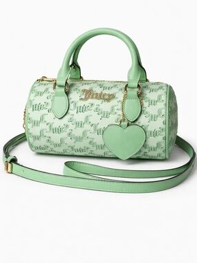 🆕Juicy Couture Mini Barrel Bag Green Monogram Rhinestone Logo Satchel Crossbody